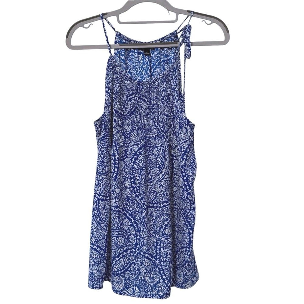 Ann Taylor Tank Top Blue Paisley Boho Pleated Halter Neck Women Medium